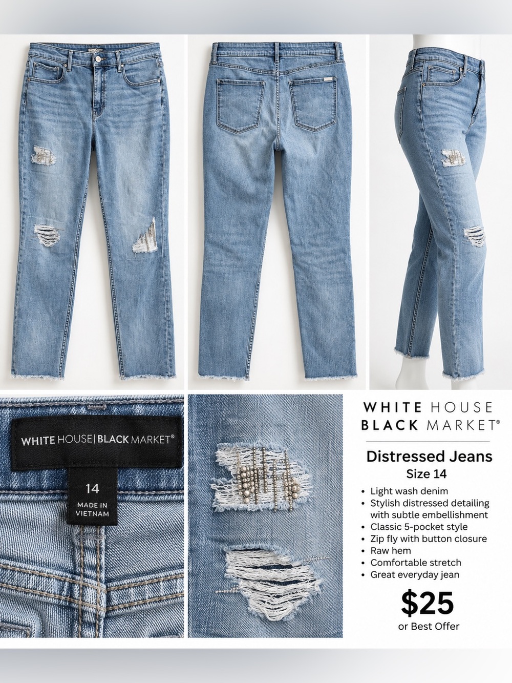 White House Black Market Light Wash Distressed Straight Leg Jeans - Light Blue